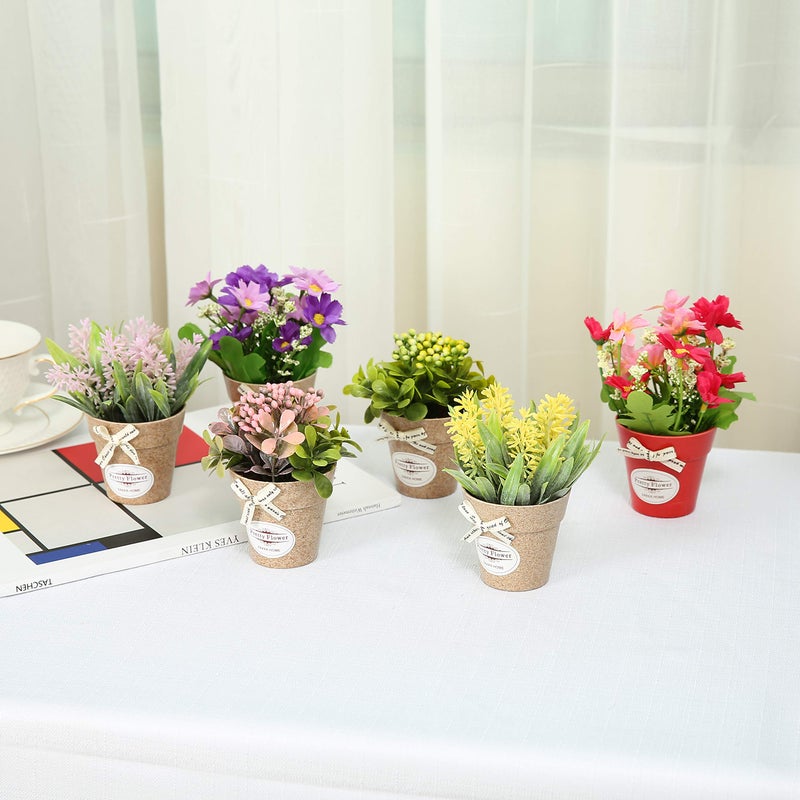 LUEUR Set of 6 Potted Artificial Flowers Fake Flowers with Vase Faux Flowers in Pot, Spring Decor for Home Office Floral Arrangement for Table Dinning Room Decoration Shelf Decor - Image 2